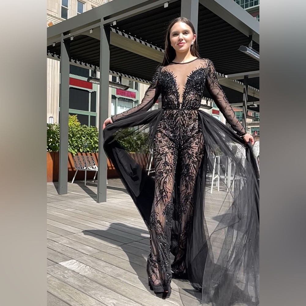 See-through black beaded jumpsuit 🔥